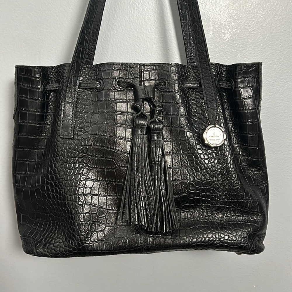 Patricia Nash Leather Drawstring Tasseled Witney Tote - Black Croc print